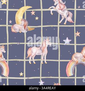 Nahtloses Aquarellmuster mit Einhorn und mehrfarbigen Sternen auf isoliertem kariertem Hintergrund. Handgezeichnete Illustrationen des Hintergrunds für Baby Stockfoto