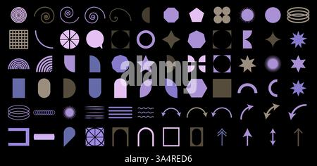 Symbol für abstraktes geometrisches Set. Eine Sammlung verschiedener Formen, Linien, Spiralen, Pfeile und Muster in lila und beige auf schwarzem Hintergrund. Minimalis Stock Vektor