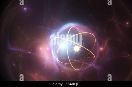 Atomkernmodell auf energetischem Hintergrund, 3D-Illustration Stockfoto