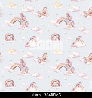 Nahtloses Aquarellmuster mit Einhorn und gelben Sternen und Wolken, Regenbogen. Handgezeichnete Illustrationen des Hintergrunds für Kinderzimmer-Tapeten, Baby Stockfoto