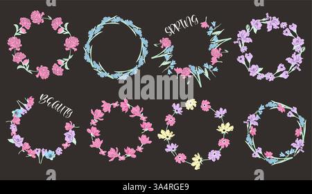 Set von sanften Frühlingsblumenkränzen. Vektorillustration von floralen runden Rahmen. Stock Vektor