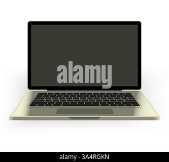 Moderne Laptop-Illustration. Ein elegantes, goldfarbenes Notebook mit schwarzer Tastatur und leerem Bildschirm auf weißem Hintergrund. Technologie, Digital DE Stock Vektor
