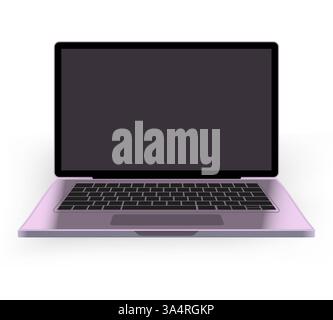 Moderne Laptop-Illustration. Ein elegantes, violettes Notebook mit schwarzer Tastatur und leerem Bildschirm auf weißem Hintergrund. Technologie, digital Stock Vektor