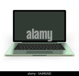 Moderne Laptop-Illustration. Ein elegantes, grünes Notebook mit schwarzer Tastatur und leerem Bildschirm auf weißem Hintergrund. Technologie, digital d Stock Vektor