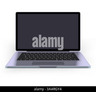 Moderne Laptop-Illustration. Ein elegantes, violettes Notebook mit schwarzer Tastatur und leerem Bildschirm auf weißem Hintergrund. Technologie, digital Stock Vektor