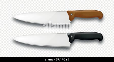 Realistic Vector 3D Küchenmesser Set, isoliert. Küchenchef, Universalmesser, scharfe Edelstahlklingen mit Holzgriff und schwarzem Griff. Kochwerkzeuge Stock Vektor