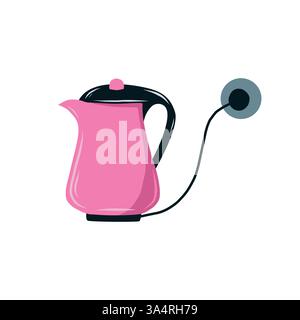 Rosafarbener Wasserkocher mit Kabel, Stecker und Steckdose, isoliert auf weißem Hintergrund. Vektorabbildung Stock Vektor
