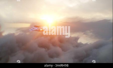 Militärisches Alien-Sci-fi-Schiff, das über Wolken fliegt. 3D-Rendering. Stockfoto