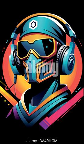 Vektor-Illustration Mann in Kopfhörern, Maske und Brille auf schwarzem Hintergrund mit einem orangefarbenen Kreis Stock Vektor