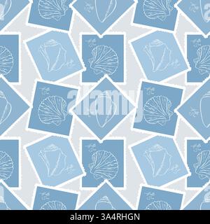 Marine Vibe mit Briefmarken mit Muschelkontur handgezeichnet, blaues Muster, Sommerurlaub, Marine, Ozean, Reisen. Vektorabbildung Stock Vektor
