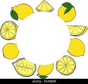 Zitrone ganz und Scheiben runden Rahmen. Exotisches und tropisches Hintergrunddesign für den Sommer. Vektor-Grafiklinie Tinte Gelb Universalkarte mit Platz für te Stock Vektor