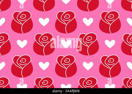 Nahtloses Muster mit roten Rosen und weißen Herzen auf rosa Hintergrund. Flaches, verspieltes, romantisches Design, kräftige Farben. Perfekt für Valentinstag-Projekte, Modedrucke, Geschenkpapier, Textilien Stock Vektor