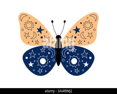 Schmetterling mit Kritzelsternen, Sonne und Mond auf Flügeln. Skurrile Insekten isolierte Vektorillustration. Niedliche Motte mit abstraktem Raumschmuck. Schwarzweiß Stock Vektor