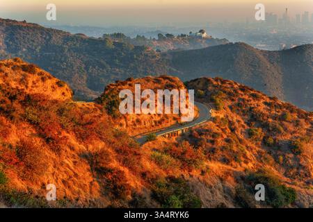 Los Angeles, Kalifornien - 10. Dezember 2024: Malerischer Blick auf die Skyline von Los Angeles bei Sonnenuntergang mit lebhaften Hügeln und gewundenen Straßen im Vordergrund wi Stockfoto