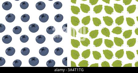 Mints Green Leaves Blueberry Seamless Pattern Berry Themenkarten abstrakte Hintergrundtextur Set 2. Isolierte Vektor-Illustration Wrapping Wallpaper Karten, Poster, Flugblätter oder Web Promo Banner, Tags Stock Vektor