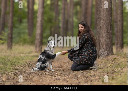 Frau und Miniature Australian Shepherd Stockfoto