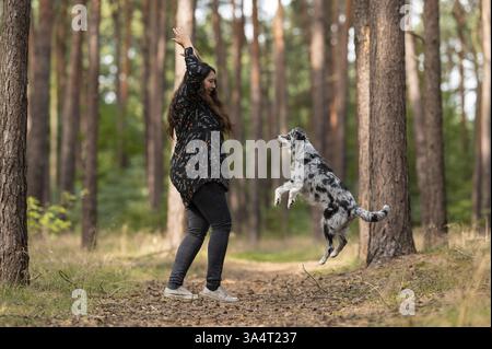 Frau und Miniature Australian Shepherd Stockfoto