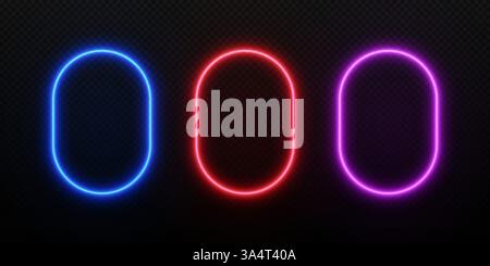 Rechteckiger Rahmen für Neonlicht. Rand mit Schein der vertikalen abgerundeten LED-Linie. Satz von Vektorvorlagen für Spieldesign isoliert auf dunklem Hintergrund. Stock Vektor