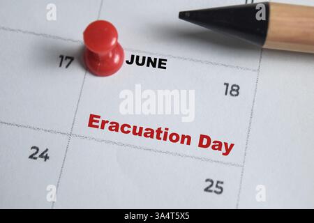 Juni. Text Eracuation Day am Kalenderdatum. Speichern Sie das Datum. Wichtiges Datum. Feiertag des Jahres Konzept Stockfoto