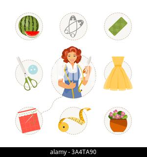 Passendes Kinderspiel zum Schneiderberuf. Karte mit Nähobjekten. Vektorabbildung Stock Vektor