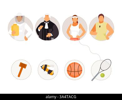 Abgleich von Berufen und Objekten. Lernspiel für Kinder. Berufe Imker, Richter, Tennisspieler, Basketballspieler. Vektorabbildung Stock Vektor