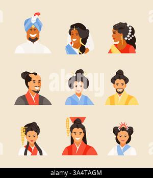 Porträts von alten Chinesen, Japanern und Hindu-Sets. Erscheinungsbild und Frisuren der Antike. Vektorabbildung Stock Vektor