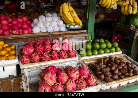 Lebendige Drachenfrüchte, Bananen, salak und andere tropische Köstlichkeiten sorgen für eine farbenfrohe Präsentation an einem traditionellen Marktstand in yogyakarta, indonesien Stockfoto