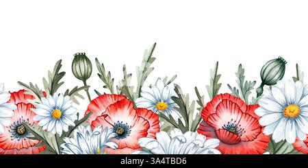 Mohn, Biene, Blätter, Blütenblatt, Rand, nahtlose, Knospe Aquarellsatz Illustration isolierter Hintergrund, Hochzeit, Gruß, Einladungskarte Stockfoto