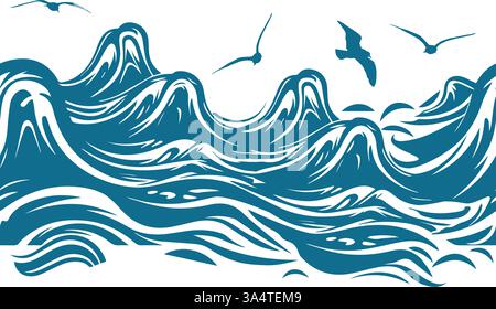 Nahtlose Hintergrundwellen und Möwen. Nicht AI, Vektorillustration Stock Vektor