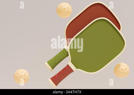 Zwei Pickleball-Paddel und Kugeln auf neutralem Hintergrund. 3D-Rendering Stockfoto