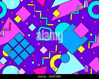 Nahtloses Muster mit farbenfrohen geometrischen Formen und schwarzer Umrandung. Geometrisches Muster mit Memphis-Elementen im Stil der 80er Jahre Stock Vektor