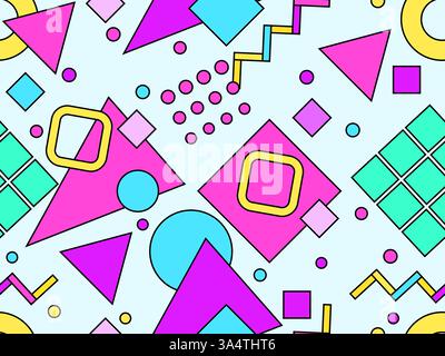 Nahtloses Muster mit farbenfrohen geometrischen Formen und schwarzer Umrandung. Geometrisches Muster mit Memphis-Elementen im Stil der 80er Jahre Stock Vektor