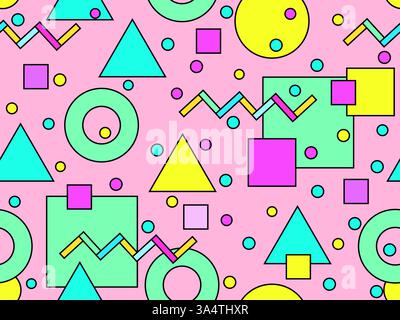 Nahtloses Muster mit farbenfrohen geometrischen Formen und schwarzer Umrandung. Geometrisches Muster mit Memphis-Elementen im Stil der 80er Jahre Stock Vektor