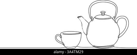 Kontinuierliche einzeilige Zeichnung der Teekanne und Tasse Tee, Linie Art Vektor Illustration Stock Vektor