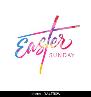 Ostersonntag, buntes Logo mit Pinselmuster. Kreatives Typographiekonzept für den Gottesdienst in der Karwoche. Vektorabbildung Stock Vektor