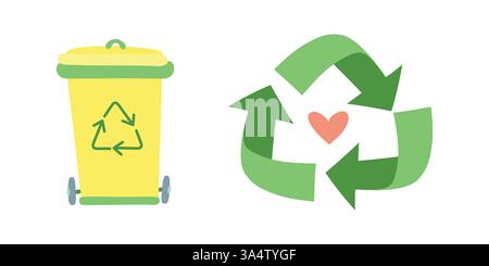 Recyclingbehälter mit Pfeilen und Herzsymbol. Fördert umweltfreundliche Abfallbewirtschaftung, Lebensstil ohne Abfall, Nachhaltigkeitspraktiken und Umweltschutz Stock Vektor
