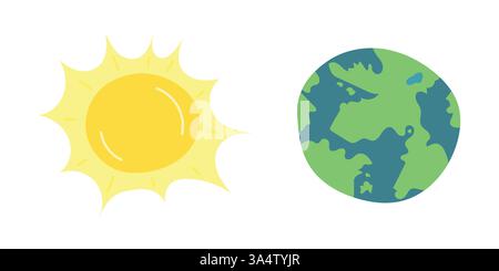 Helle, flache Illustration von Sonne und Erde. Ideal für Ökologie, Klimaschutz, erneuerbare Energien, globale Erwärmung und Umwelt Stock Vektor