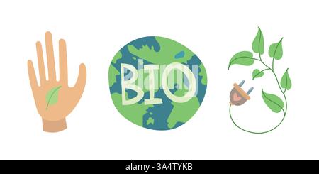 ECO Hand, Bio Planet und Plug mit grünen Blättern Symbolset. Fördert erneuerbare Energien, nachhaltige Entwicklung, saubere Energie und verantwortungsbewusstes Handeln Stock Vektor