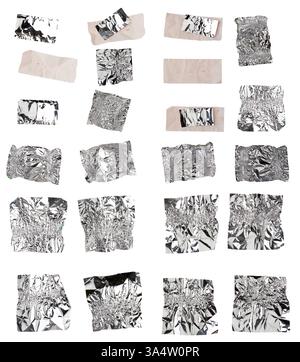 Verschiedene zerknitterte Folie verwendet Süßwarenverpackungen auf isoliertem Hintergrund, Draufsicht Stockfoto