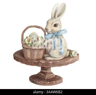 Ostereierkorb mit Schleife und süßem Häschen auf dem Holzständer. Aquarellillustration im Vintage-Stil. Festliches Arrangement mit fröhlicher Frühlingsszene Stockfoto