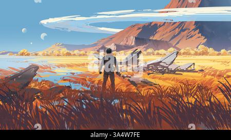 Ein Mann schaut auf das Wrack eines abgestürzten Raumschiffs in einem riesigen goldenen Feld mit Bergen und mehreren Monden am Himmel, digitale Kunst, Illustraten Stockfoto