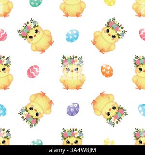 Süßes nahtloses Ostermotiv mit Blumenkronen und bunten Eiern, perfekt für Frühlingsmotive Stock Vektor