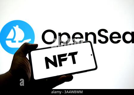 In dieser Fotoabbildung wird ein NFT-Logo auf einem Smartphone mit einem Open Sea-Logo im Hintergrund angezeigt. Stockfoto