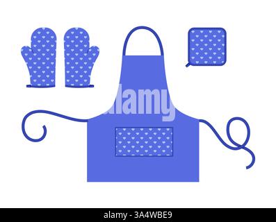 Set von Schürzen, Ofen Handschuhe und Topfhalter blau Zeichentrick Herzmuster Mode Hand Accessoire Kleidung technische Illustration Kleid. Vektor für Männer, Frauen, Unisex-Stil flach auf weißem Hintergrund Stock Vektor