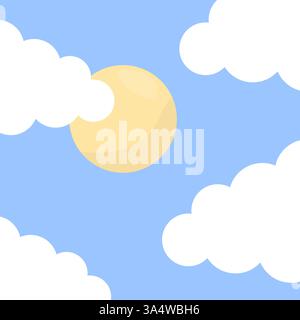 Sonnige Himmelszene. Hellblauer Hintergrund. Weiße flauschige Wolken. Hellgelbe Sonne. Stock Vektor