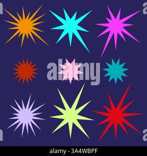 Buntes Sternsymbol. Abstrakte, funkelnde Form. Helles Explosionssymbol. Dunkelblauer Hintergrund. Stock Vektor