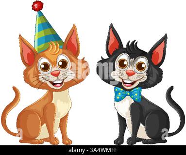 Zwei fröhliche Karikaturkatzen mit hellen Augen, mit Partyhut und Fliege. Lebendige Farben und skurriler Stil Stock Vektor