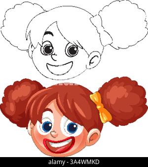 Farbenfroher und schwarz-weißer Vektor eines lächelnden Clownmädchens mit Zöpfen, mit lebendigen Farben und verspieltem Ausdruck Stock Vektor