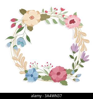 Kreisförmiger Blumenrahmen mit burgunderroten Blumen, isoliert auf weißem Hintergrund Stock Vektor