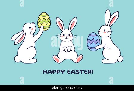 Osterhasen, Kaninchen, Hasen mit bemalten Eiern. Flache Vektorkonstruktion, Umrissdarstellung. Osterfigur, Maskottchen, Aufkleber. Grußkarte, Postkarte, Happy Easter Konzept Stock Vektor